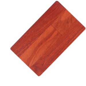 A wooden credit card flash drive in a rich brown hue, with a sleek rectangular shape and a subtle logo.