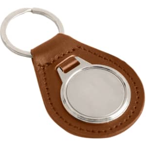 A brown PU leather keyring with a silver metal circular attachment and a keyring loop.