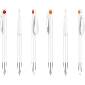 A collection of creamy white barrel pens with different coloured accents—red and orange—on the clip and tip.