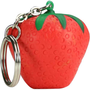 A red strawberry-shaped stress reliever attached to a silver keyring, featuring green leaves on top.
