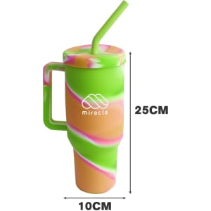 A drink bottle featuring a multicoloured swirl design in green, pink, and orange, with a handle and straw.