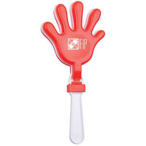 A red hand-shaped clapper with a transparent handle; features a logo on the front.