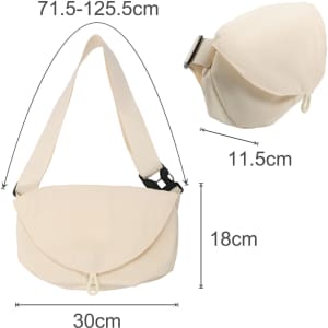 A beige crossbody bag with an adjustable strap, featuring a flap closure and a logo. Dimensions are 30cm x 18cm x 11.5cm.