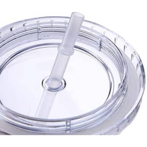 A clear plastic cup lid with a straw, designed for 16oz cups, featuring a fitted closure and sleek design.