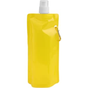 A drink bottle with a collapsible design, featuring a bright yellow body and a spray cap, includes a clip for attachment.