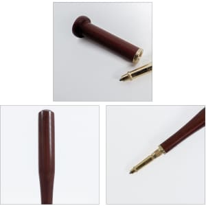 A baseball bat-shaped pen in deep brown with a gold-coloured tip, featuring a logo on its design.