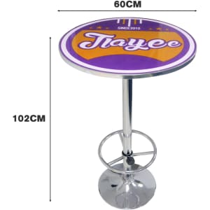 A round, purple bar table with a chrome base, measuring 60 cm in diameter and 102 cm in height.