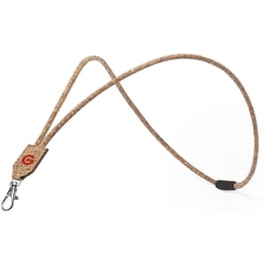 A cork lanyard in a natural brown hue, featuring a clip and a branded attachment.
