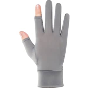A pair of grey sun protective gloves featuring two open fingers, with a snug fit and a soft texture.