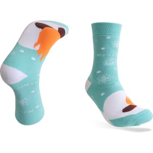 Crew thermal socks in teal with a fun pattern featuring snowflakes and a character design. Includes a logo.