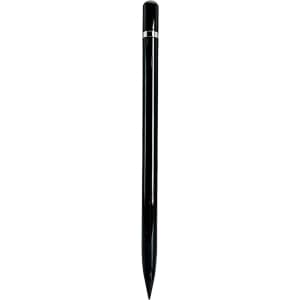 A black pencil with a sleek design featuring a silver accent and pointed tip, accompanied by a logo.