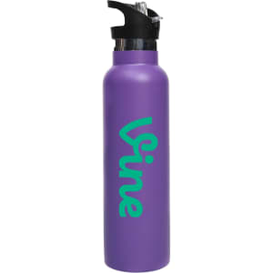 A drink bottle in matte purple with a flip valve lid and a logo. Double wall vacuum design for insulation.