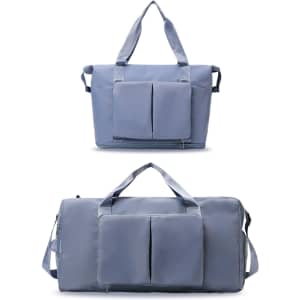A foldable sports duffle bag in light blue with two front pockets and dual handles for carrying.