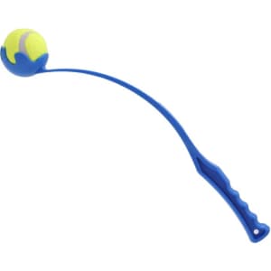A blue ball thrower with a handle and a yellow tennis ball at the end.