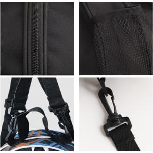 A black backpack with mesh pockets, adjustable straps, and clips, showcasing various design details.