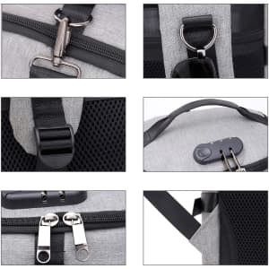 A grey convertible bucket backpack duffel bag featuring various clips, zippers, and mesh details. It has a branding logo.