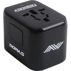 A black universal travel adapter featuring multiple ports and a logo. Compact design suitable for various plugs.
