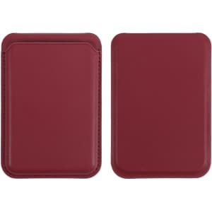 A burgundy PU foldable magnetic card holder with a sleek design, featuring a built-in phone stand and a logo.