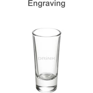 A set of six clear 60ml shot glasses, each featuring a simple design and a branding logo.