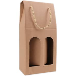 A drink bottle box made of brown cardboard with a rope handle and two cut-out windows for bottles.