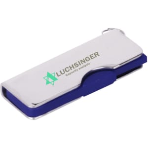 A silver and blue swivel flash drive featuring a logo, designed for data storage.