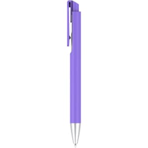 A purple plastic pen with a silver tip and a clip, featuring a simple design. It has a logo on the barrel.