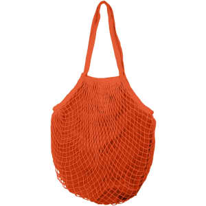 An orange mesh grocery bag with a netted design and two handles. It features an inner compartment.