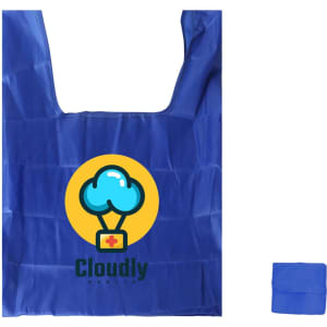 A blue reusable shopping bag featuring a logo with a cloud and a medical cross. It folds neatly for easy storage.