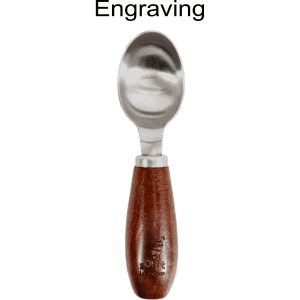 A stainless steel ice cream scoop with a smooth wooden handle and a logo engraving.