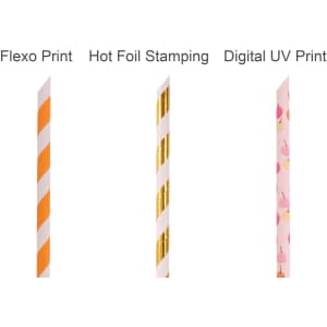 A selection of four custom disposable 4-ply paper straws in orange and white, gold, and a pink floral design.