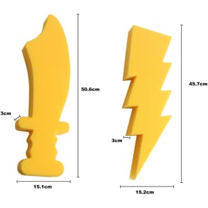 Two yellow foam shapes: one a knife and the other a lightning bolt, both measuring in centimetres.