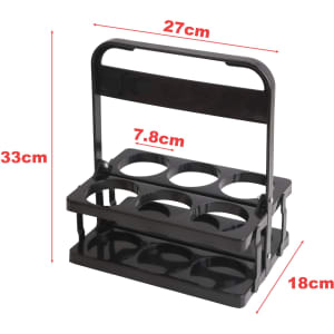 A foldable beer basket in black, featuring a handle and space for six drink bottles. Dimensions included in the image.