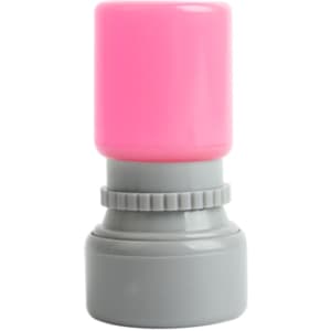 A pink round stamp with a grey base, featuring a logo on the body.