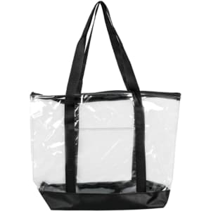 A large clear zippered tote bag with black handles and a black base, featuring a logo.