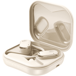 Open-ear headphones in a sleek, light beige charging case, featuring a minimalistic design and a logo.