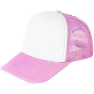 A pink and white trucker cap with a mesh back and a solid front panel. It features a logo on the front.