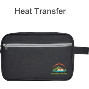 A toiletry bag in dark grey featuring a zippered compartment and a handle, with a logo on the front.