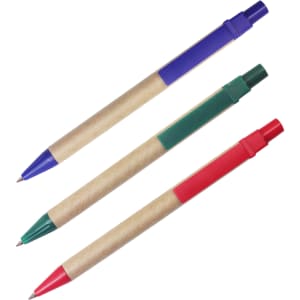 Three Kraft Paper Ball Pens in blue, green, and red, featuring plastic tips and grips. Each pen has a branding logo.