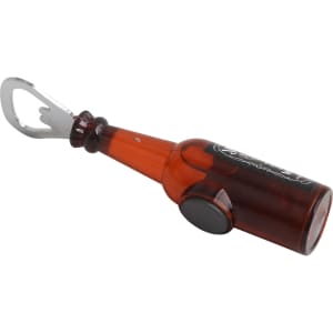 A drink bottle-shaped opener in amber with a fridge magnet and a silver bottle opener attached.