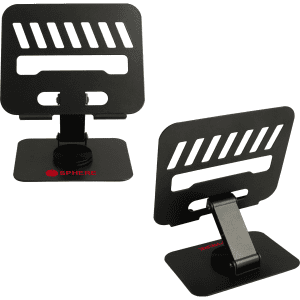 A foldable metal tablet stand in black, featuring adjustable angles and a sturdy base, with a logo on the front.