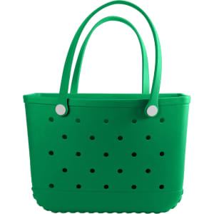 A green EVA beach bag with perforated design and two sturdy handles. It features a simple, modern shape.