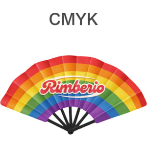 A rainbow-coloured plastic hand fan with a black frame and a logo on it.