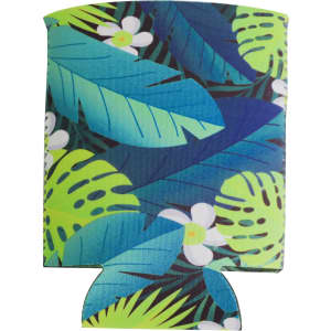 A drink bottle holder featuring a vibrant tropical leaf and flower design in green and blue, with a logo.