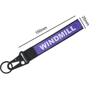 A purple Jacquard Keyring featuring a black clip and ring for attachment, with a logo on the strap.