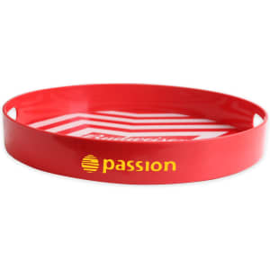 A red serving tray with a circular design and a branding logo inside. Suitable for home use.