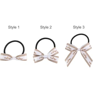 Three elastic hair bows in different styles: one black, one white with a checkered pattern, and one with a larger white bow.