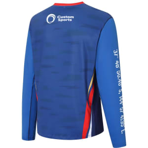 A men's long-sleeved T-shirt in blue with red accents and a logo, designed for sun protection.