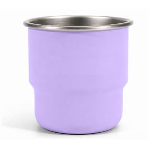 A round bottom camping mug in lavender with a stainless steel interior and a logo on one side.