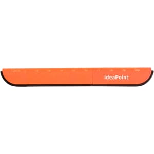 An orange curved ruler with measurements printed along its edge, featuring a logo.