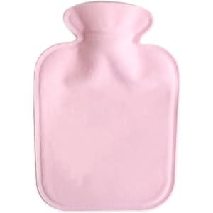 A pink hot water bottle with a plush cover, featuring a simple design and rounded neck. It has a logo.